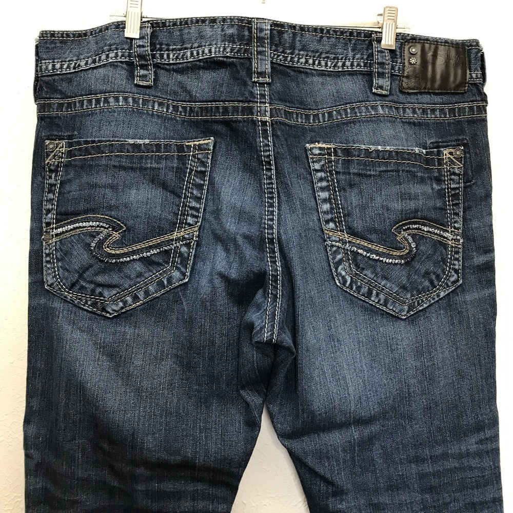 Silver Jeans Mens 42x32 (42x29) Zac Relaxed Straight Leg Stretch Blue Dark Denim - Picture 6 of 16